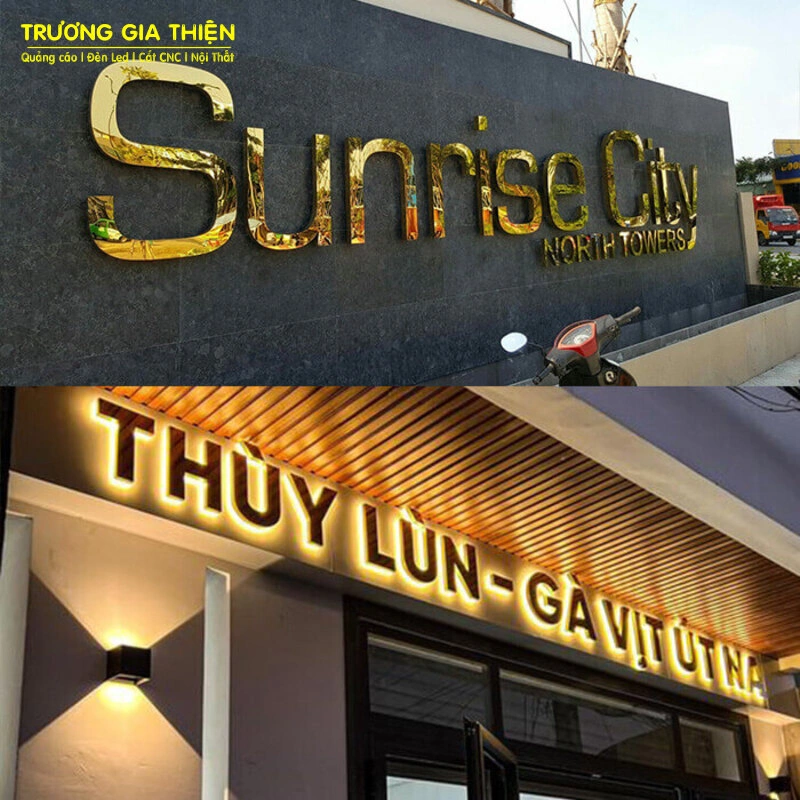 Chữ inox vàng không đèn và hắt sáng chân